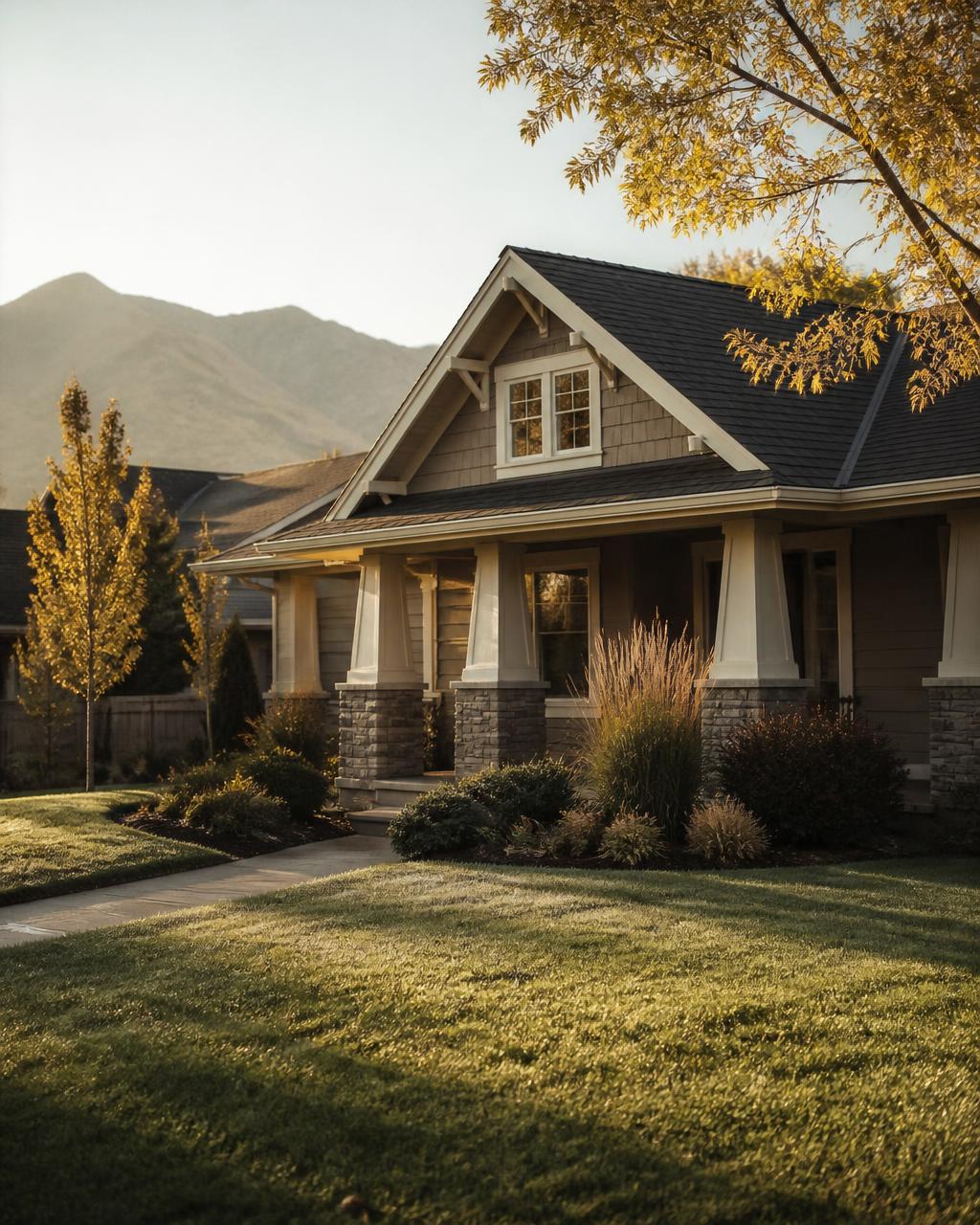 An Idaho home with a covered porch in early morning light